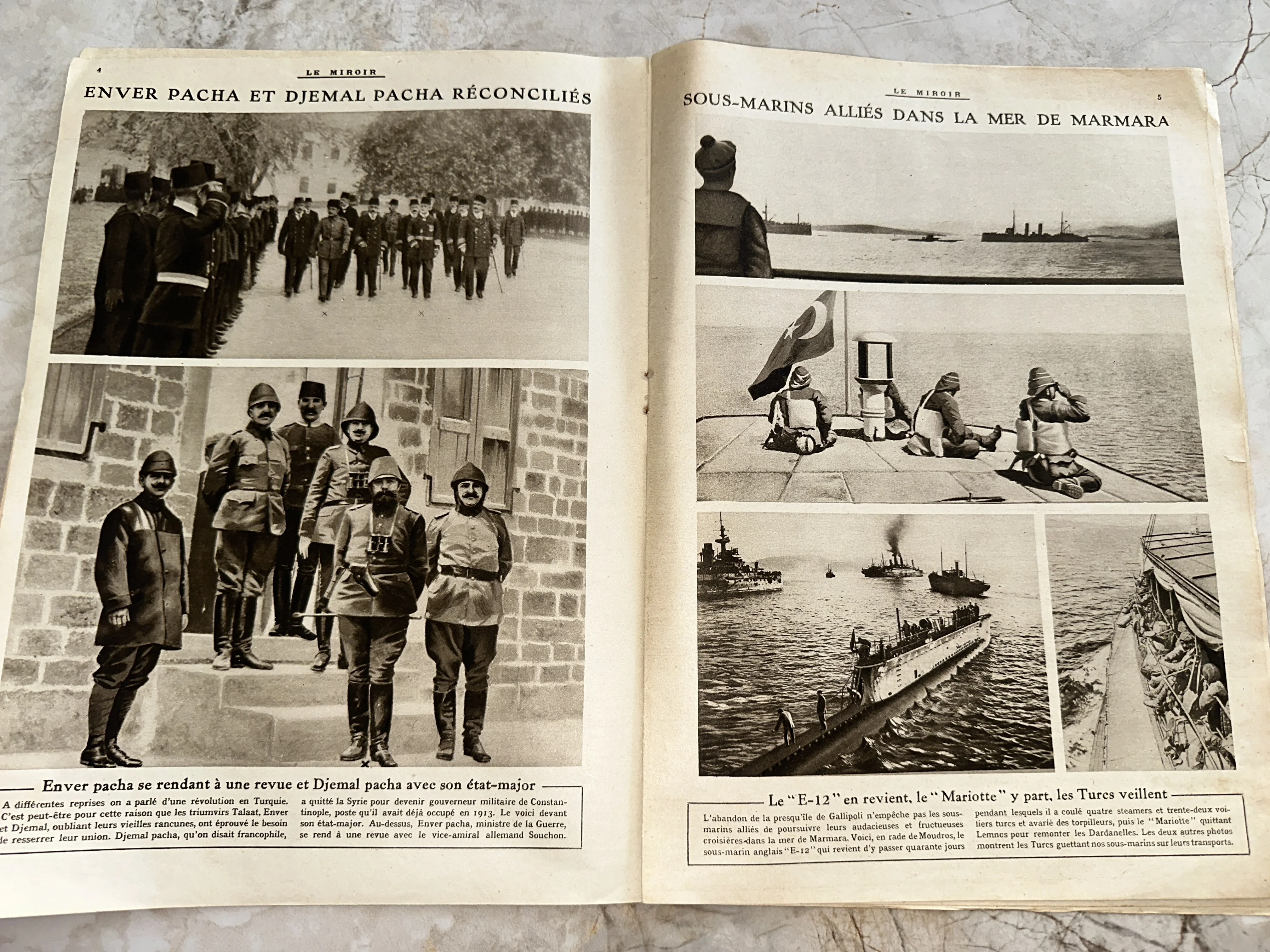 Разворот старинного французского журнала Le Miroir с фотографиями Энвер-паши и подводных лодок в Мраморном море.